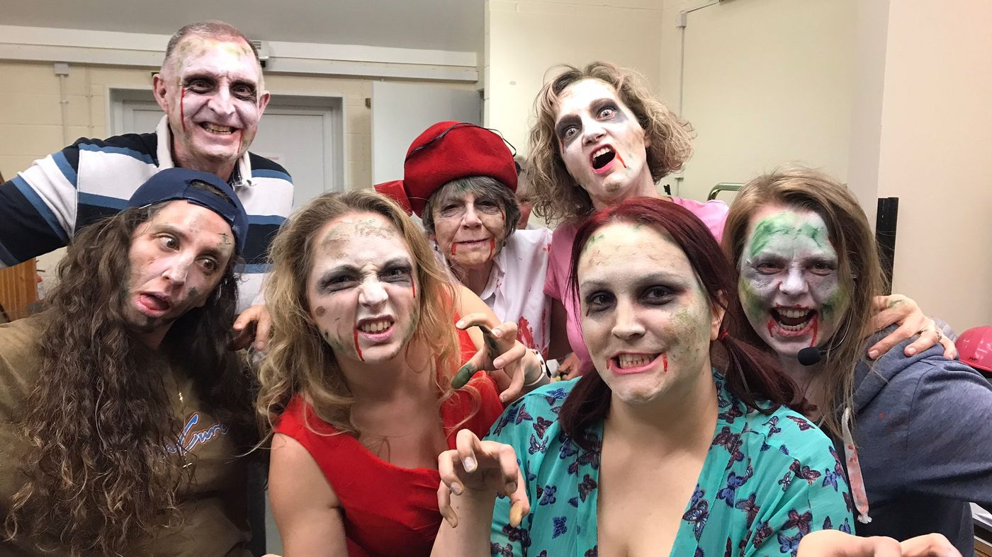 Comedy, Music & Mayhem — zombie cast backstage